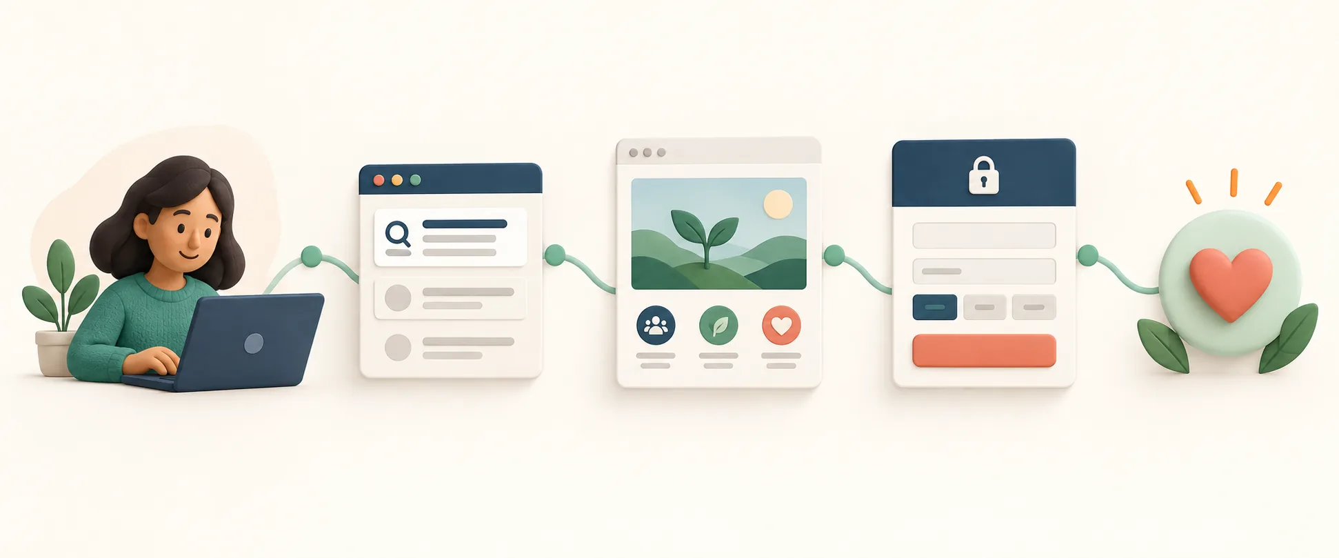 Illustrated nonprofit donation funnel from Google search to landing page, donation form, analytics, and CRM follow-up.