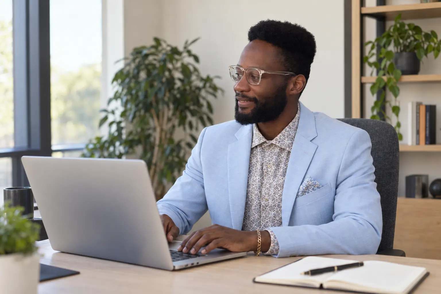 Marketing professional working on a laptop in a bright office