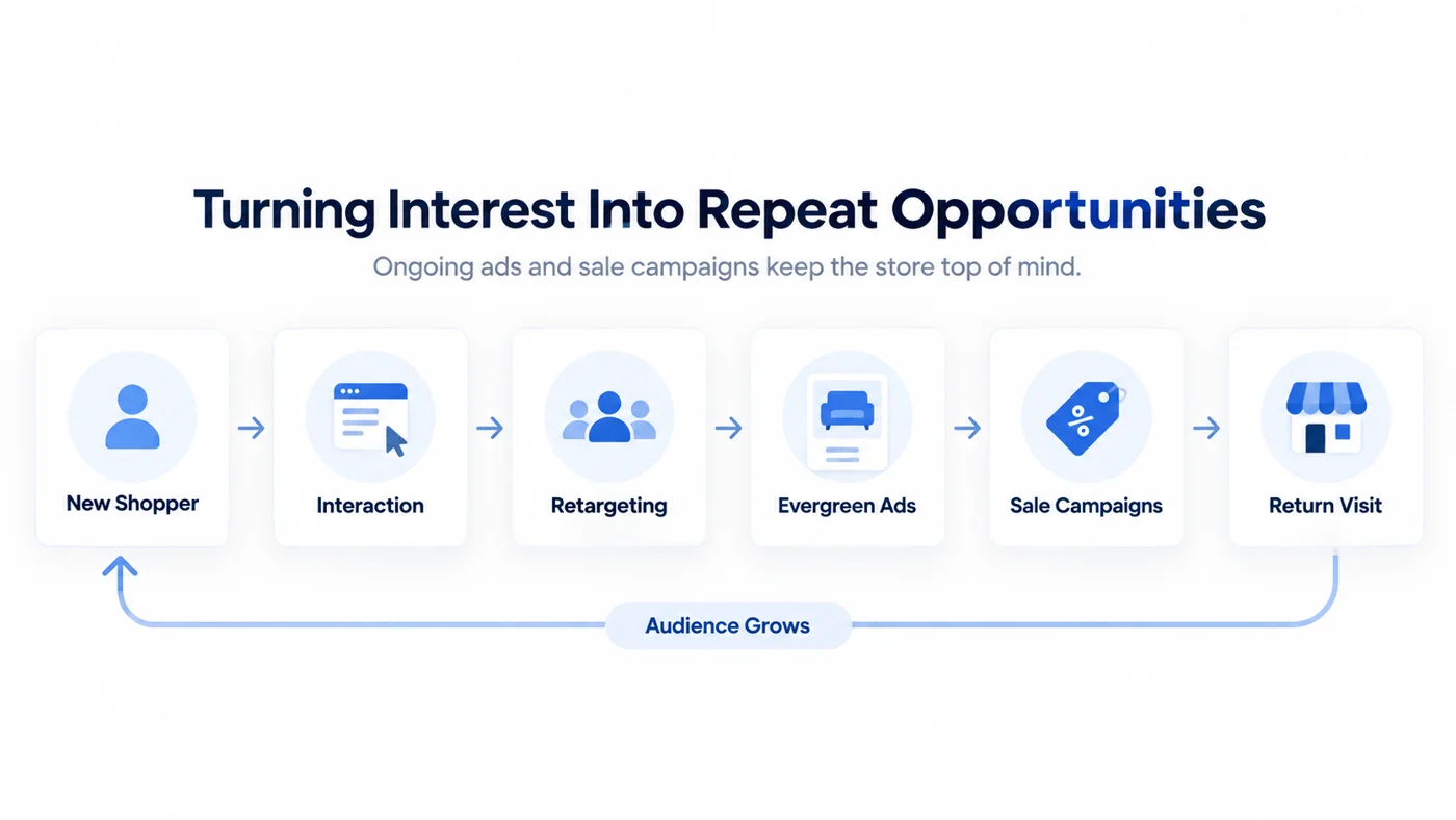 Furniture store retargeting strategy showing shoppers moving from first interaction to repeat store visits