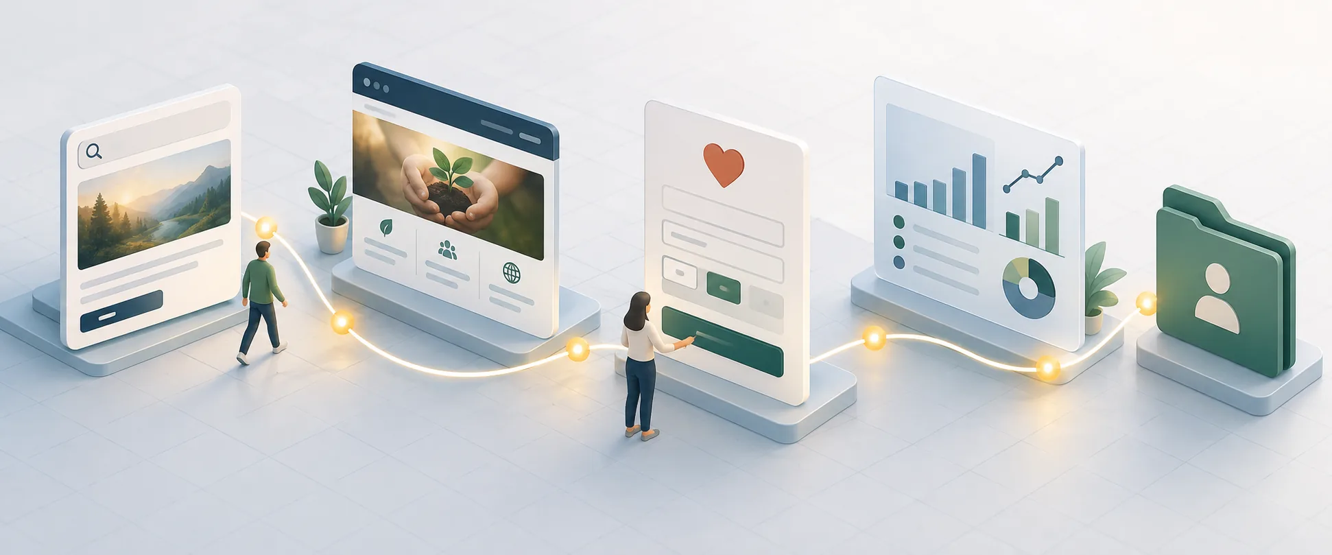 Illustrated donation journey connecting a website, donation form, analytics and follow-up.