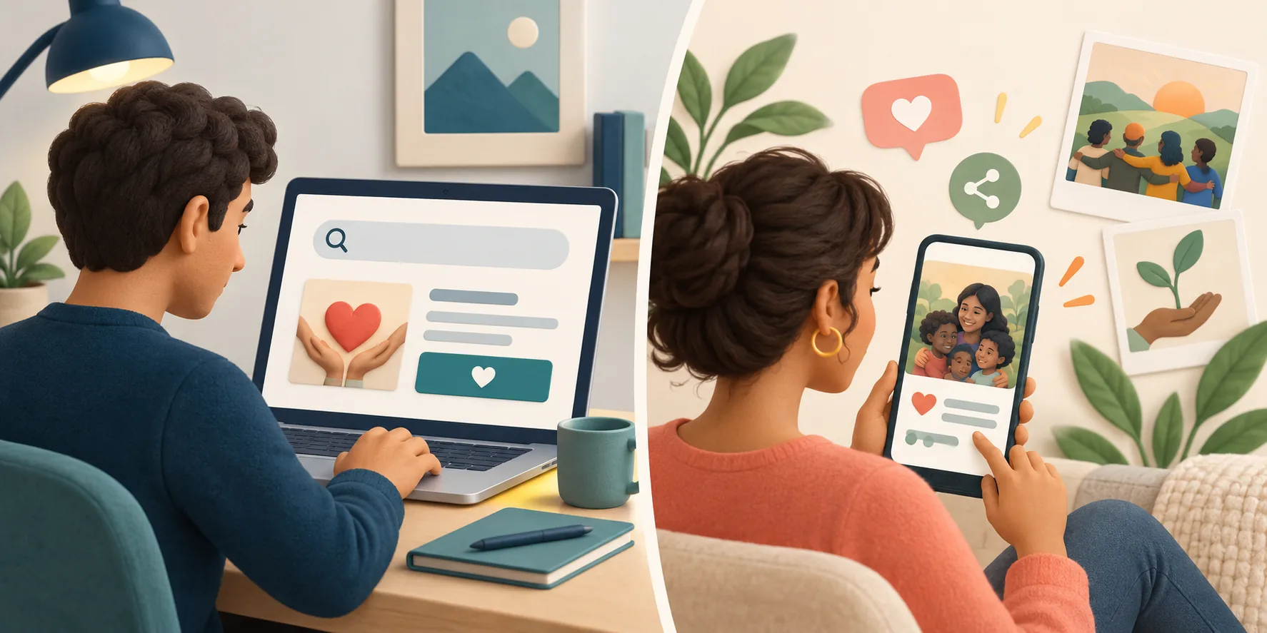 Split illustration comparing Google Search intent with social media storytelling for nonprofit fundraising.