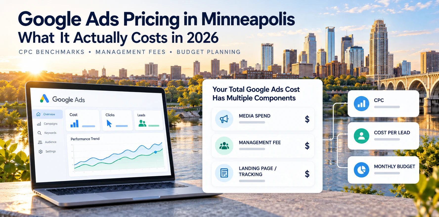 Google Ads pricing in Minneapolis 2026 guide with Minneapolis skyline, management costs, CPC, cost per lead, and budget planning