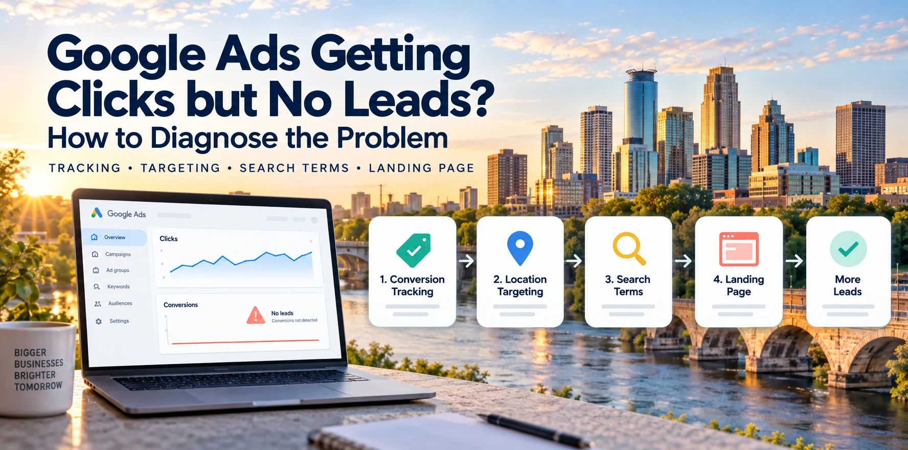 Google Ads clicks but no leads troubleshooting guide with Minneapolis skyline and diagnostic checks for tracking, location targeting, search terms, and landing pages