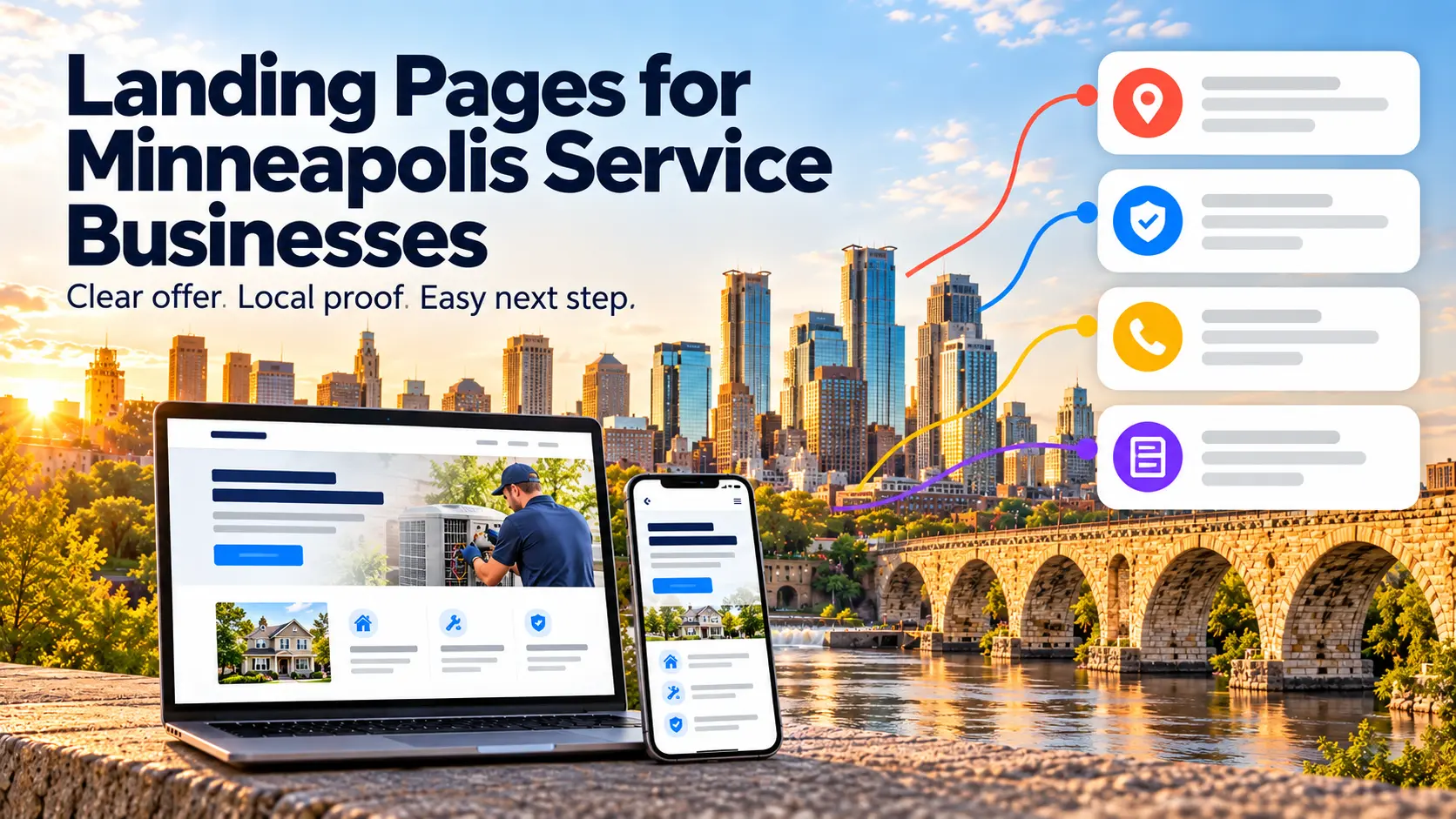 Minneapolis skyline with desktop and mobile service landing pages and contact icons